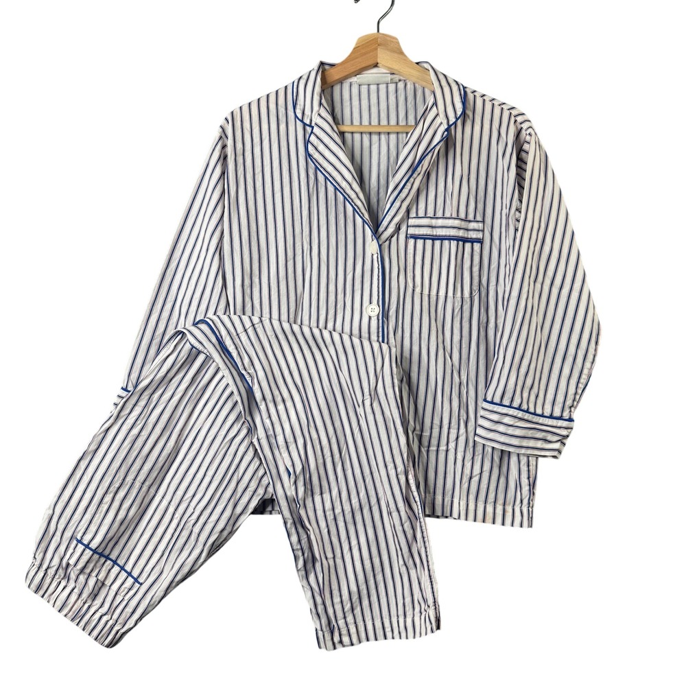 Sleepy Jones Womens XS Pajama Set White Blue Striped Cotton Button Down Pants